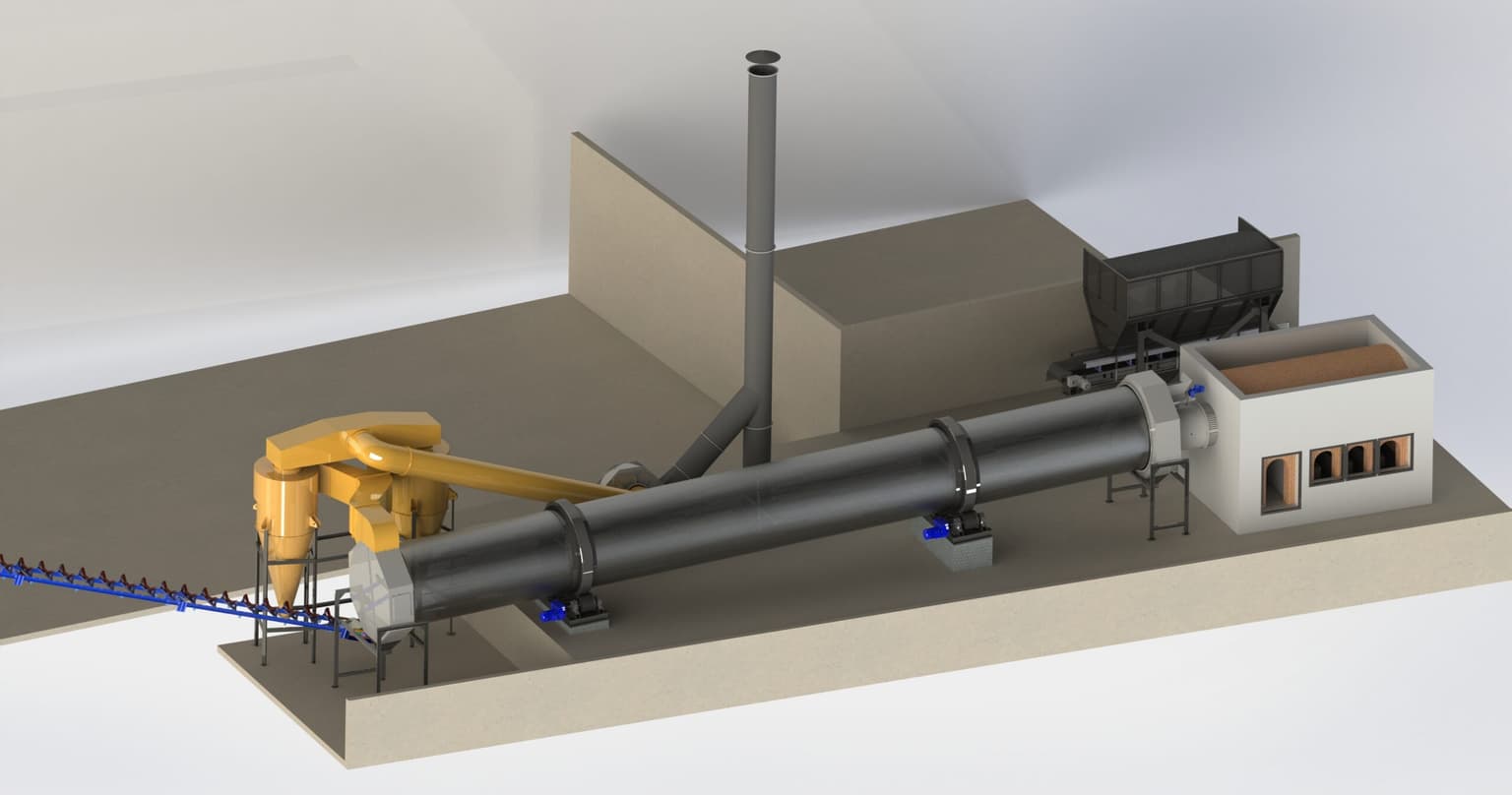 Complete rotary dryer system supplied by Lozzar Process — direct-fired design for bulk solids